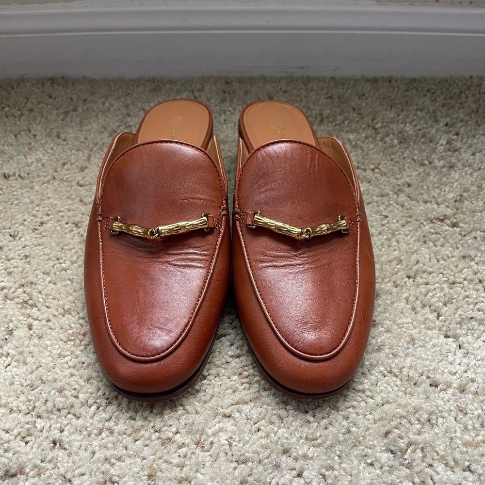 Brown Leather Mules with Gold Accent